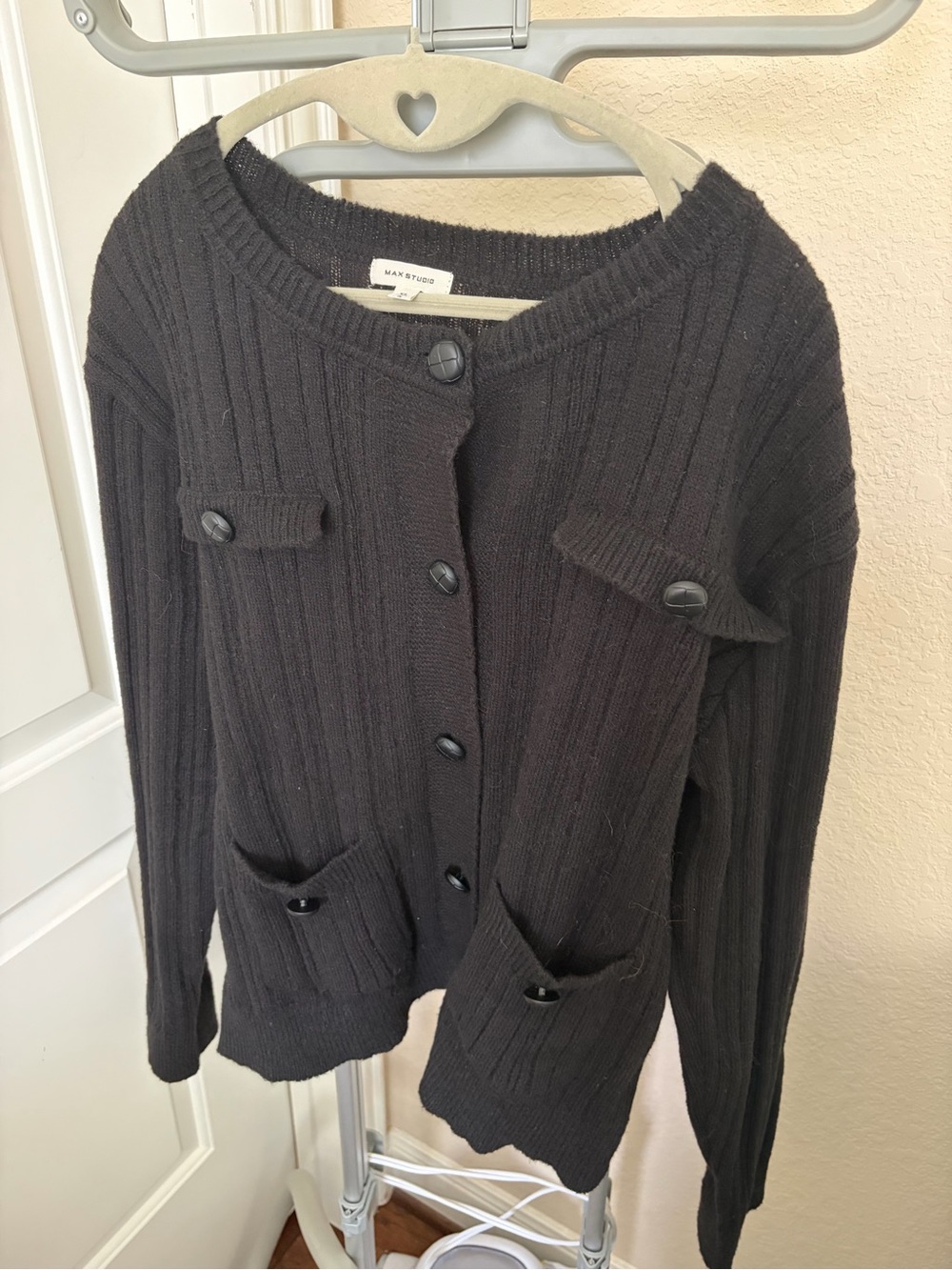 Max Studio Black Ribbed Button-Front Cardigan